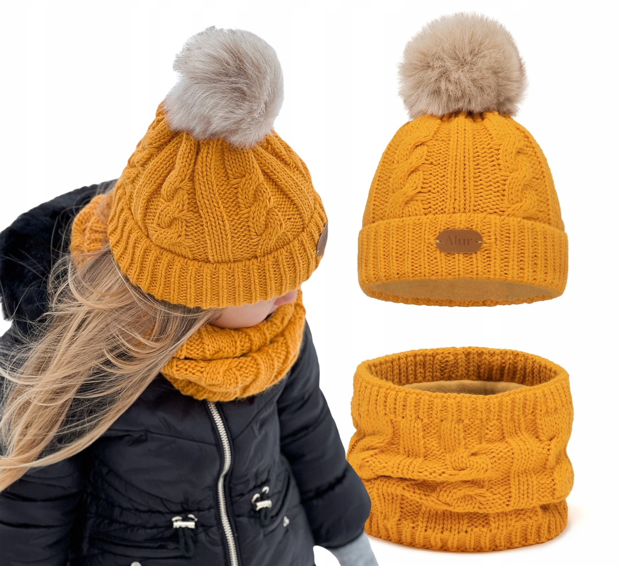 CZAPKA Z KOMINEM NA polarze zimowy komplet dziecięcy duży pompon