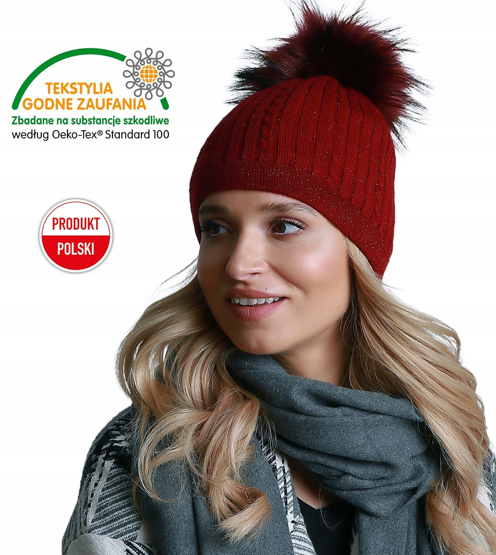 Kobieca CZAPKA damska z nicią silver BORDO burgund ciepła zimowa V19