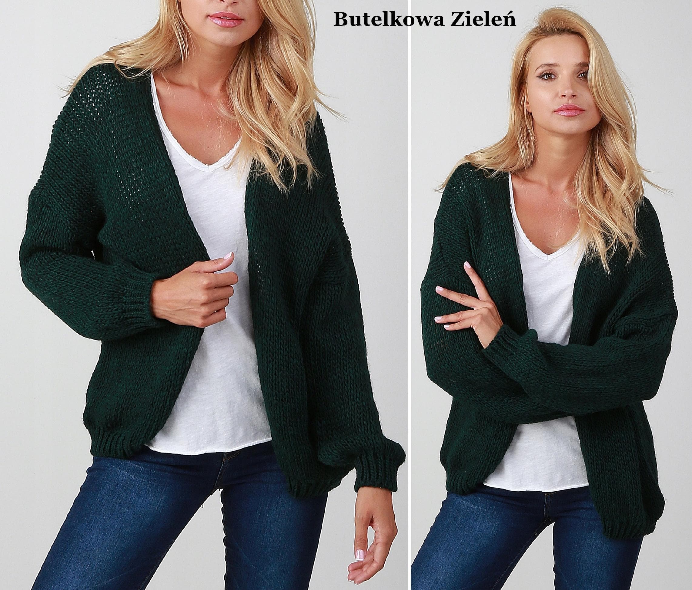 Luźny damski SWETER narzutka Butelkowa Zieleń