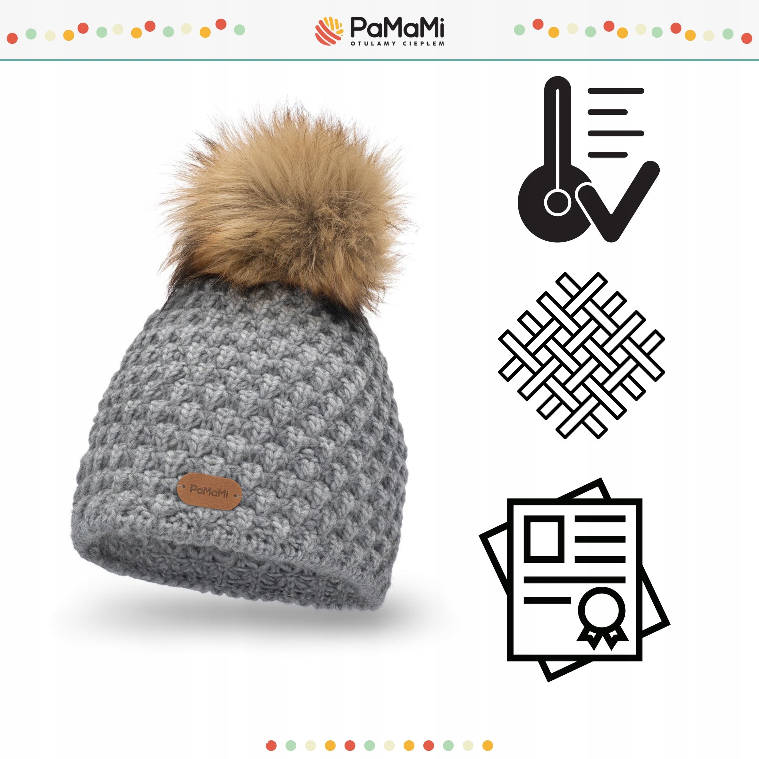 PaMaMi czapka zimowa damska beanie szara z Pomponem z dodatkiem wełny