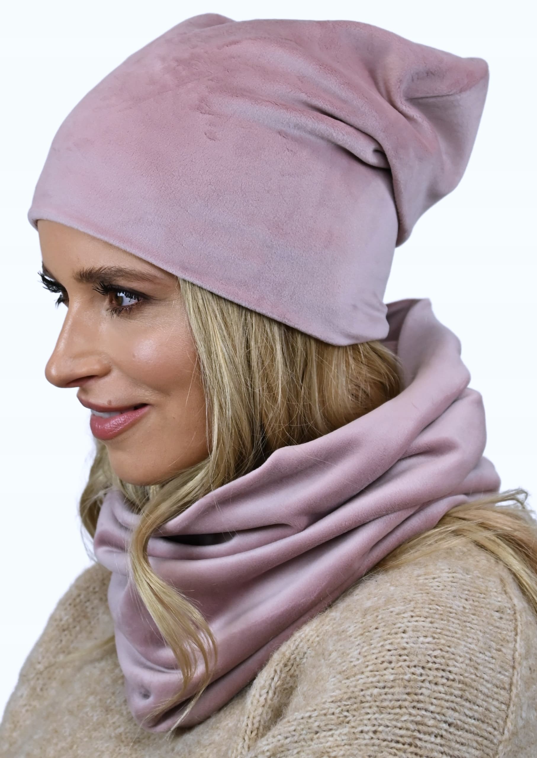 Ciepły komplet damski Welur CZAPKA i KOMIN róż Wz3