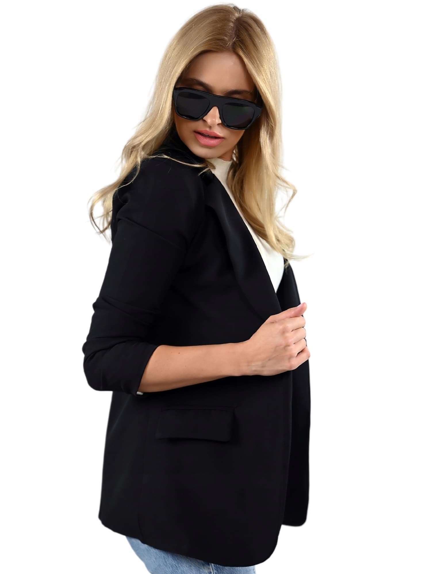 modna MARYNARKA damska Żakiet Czarny Włoska Narzutka Elegancka Luźna XL/42