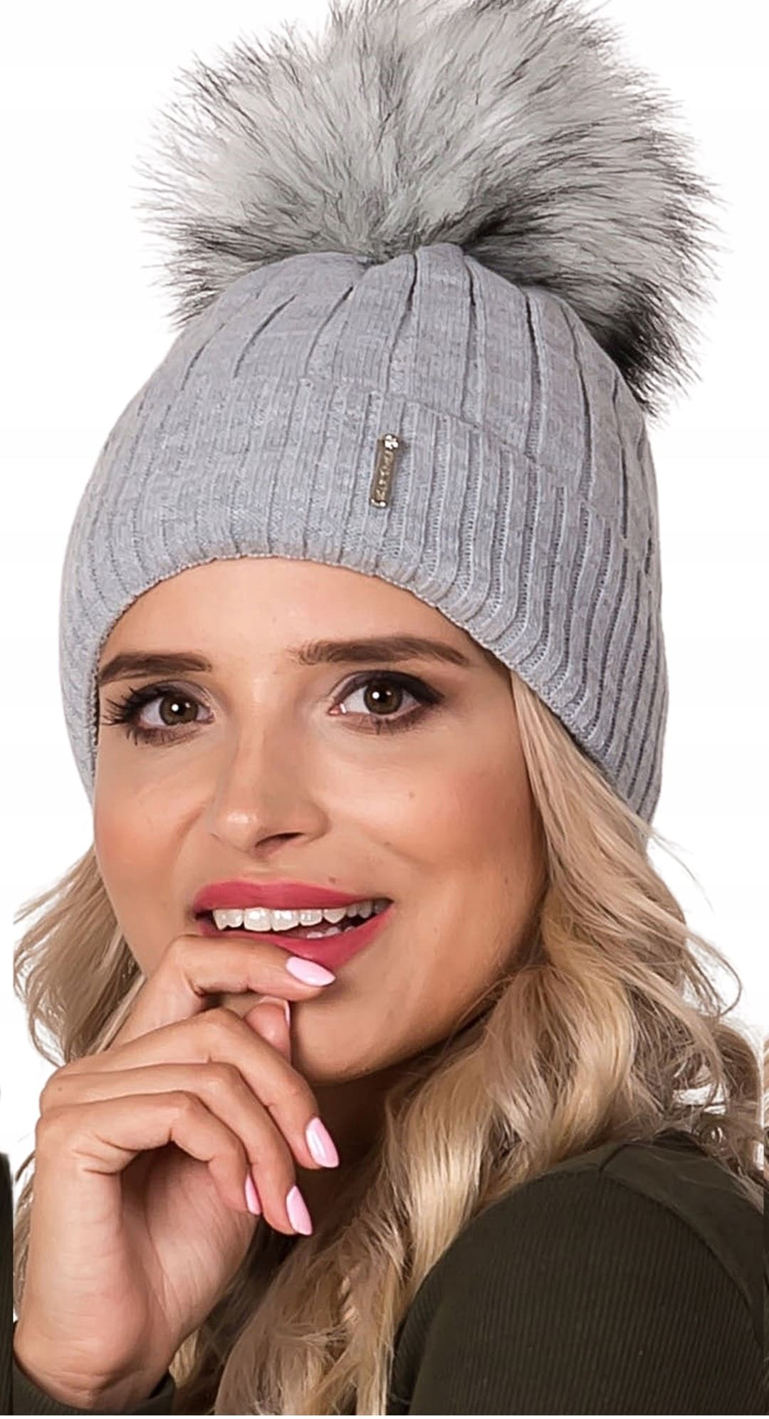 Szara Ciepła Czapka Damska Młodzieżowa Jesień Zima Elegancki POMPON J2