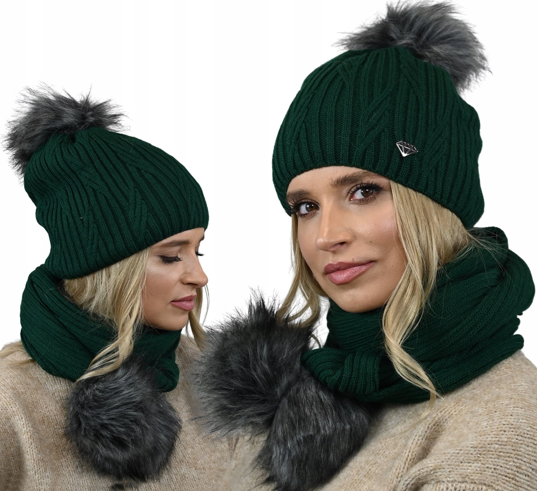 Komplet CZAPKA polar+ SZALIK dwa POMPONY kolory D1