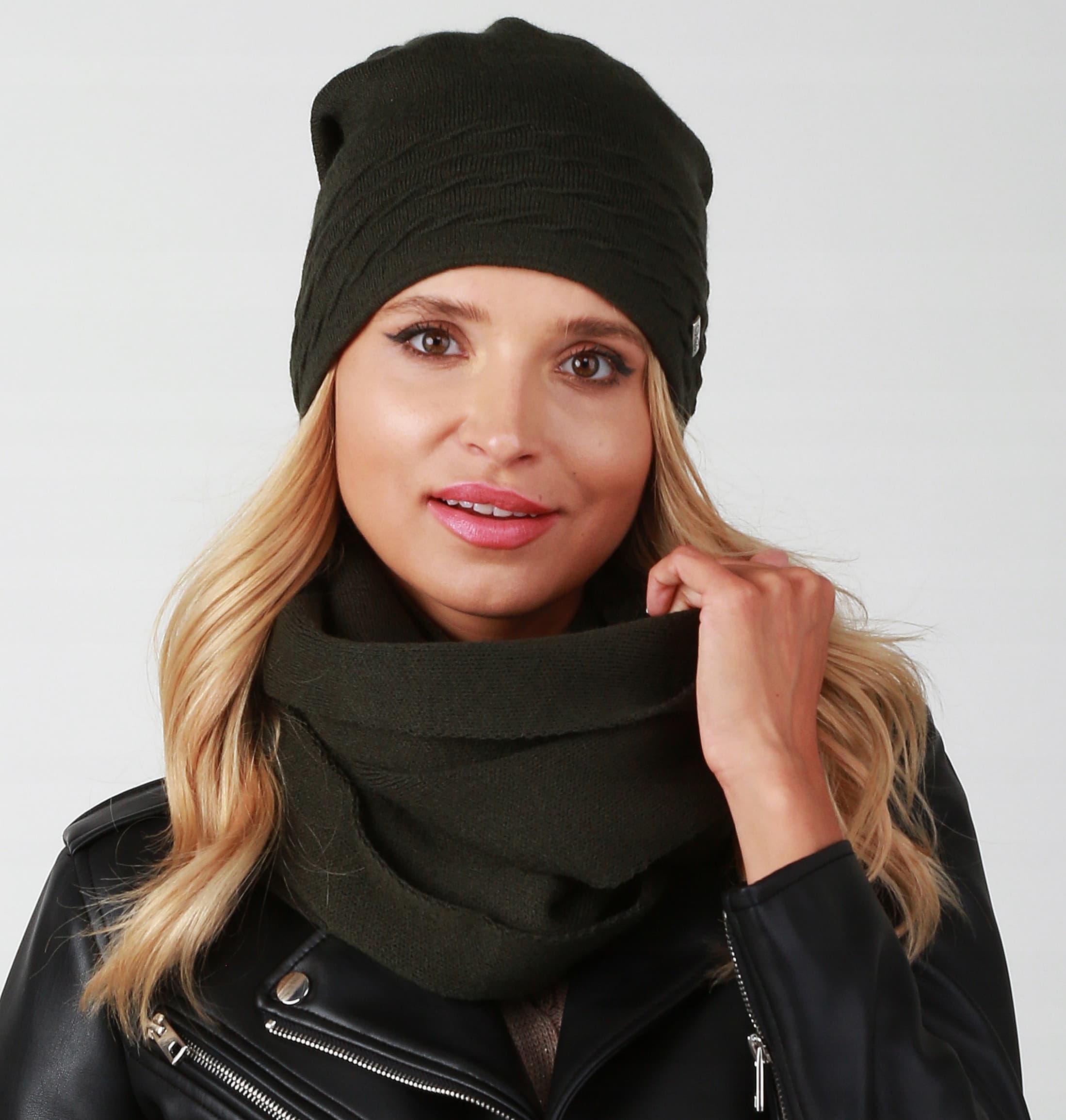CZAPKA i KOMIN na polarze damski KOMPLET zestaw kobiecy zimowy KHAKI K1