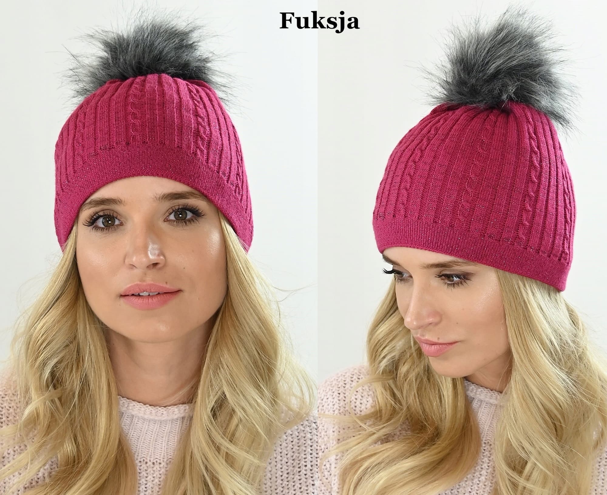 CZAPKA zimowa damska z połyskującą nicią pompon modna z polarem Fuksja V19