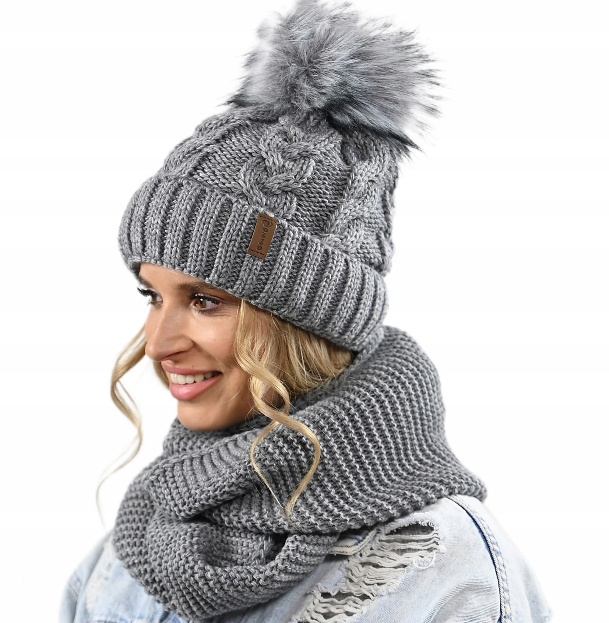 CZAPKA KOMIN ZESTAW DAMSKI komplet gruby zimowy czpka na polarze pompon K11