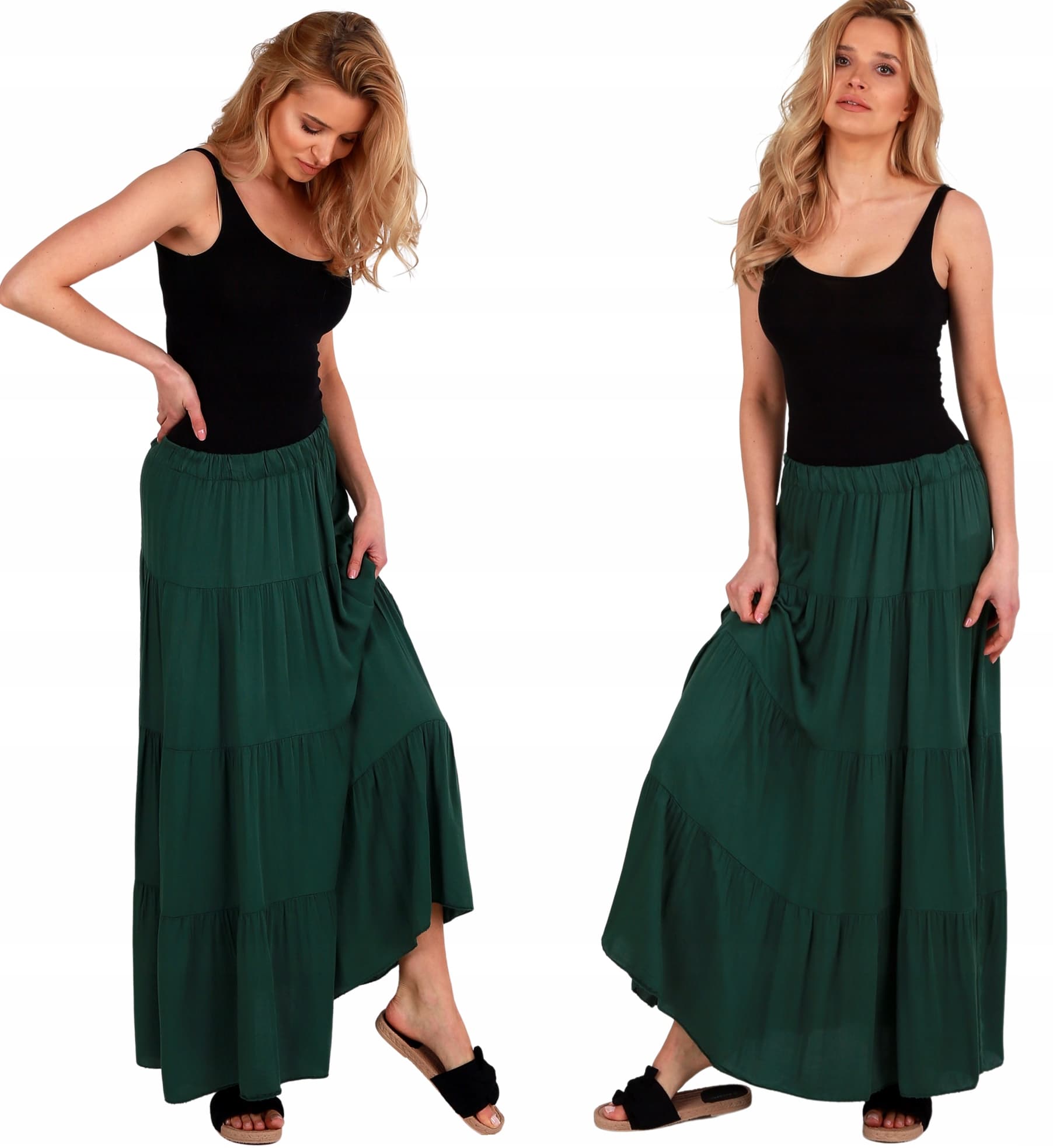 Zwiewna długa spódnica butelkowa zieleń HISZPANKA