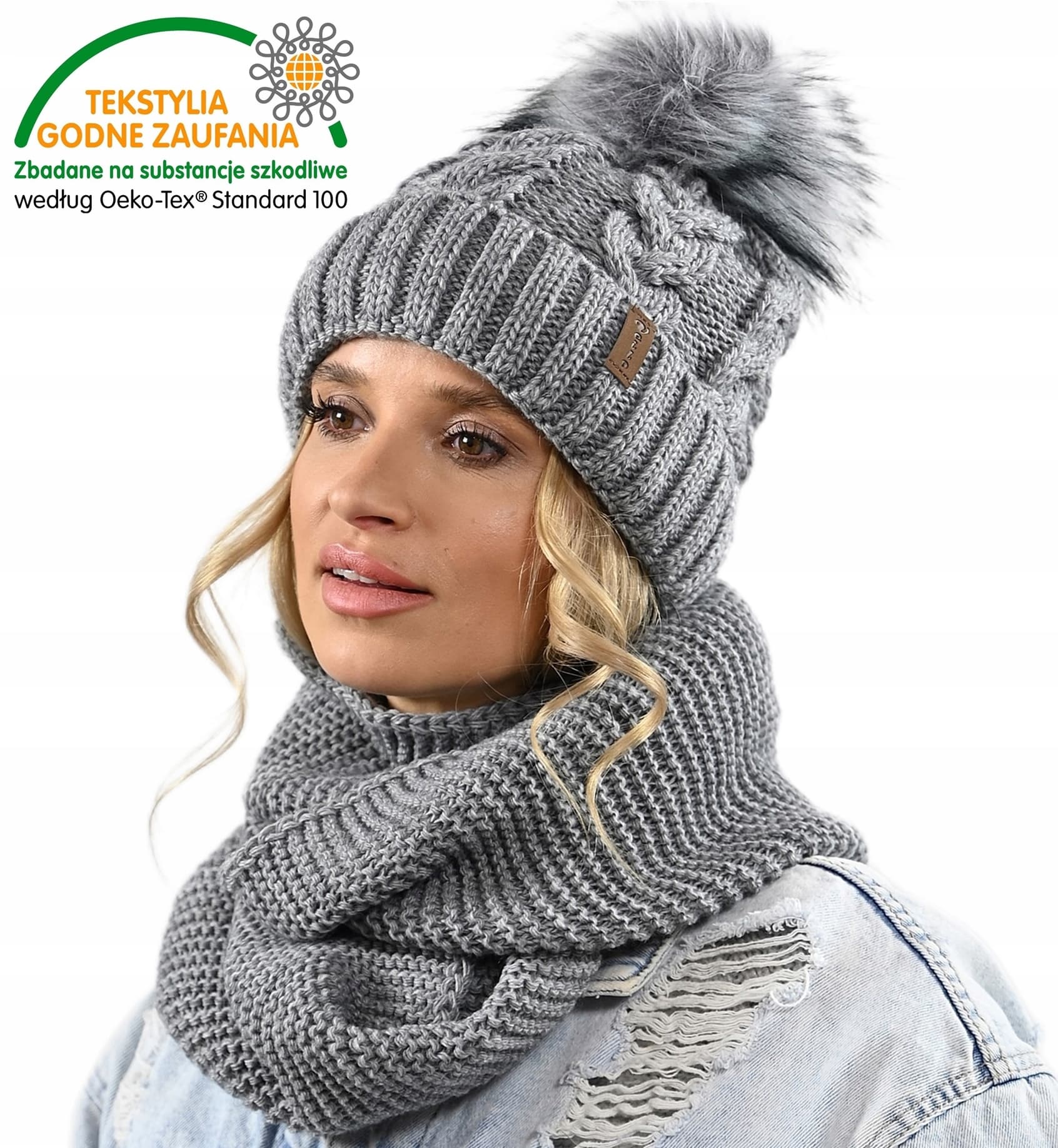 CZAPKA KOMIN ZESTAW DAMSKI komplet gruby zimowy czpka na polarze pompon K11