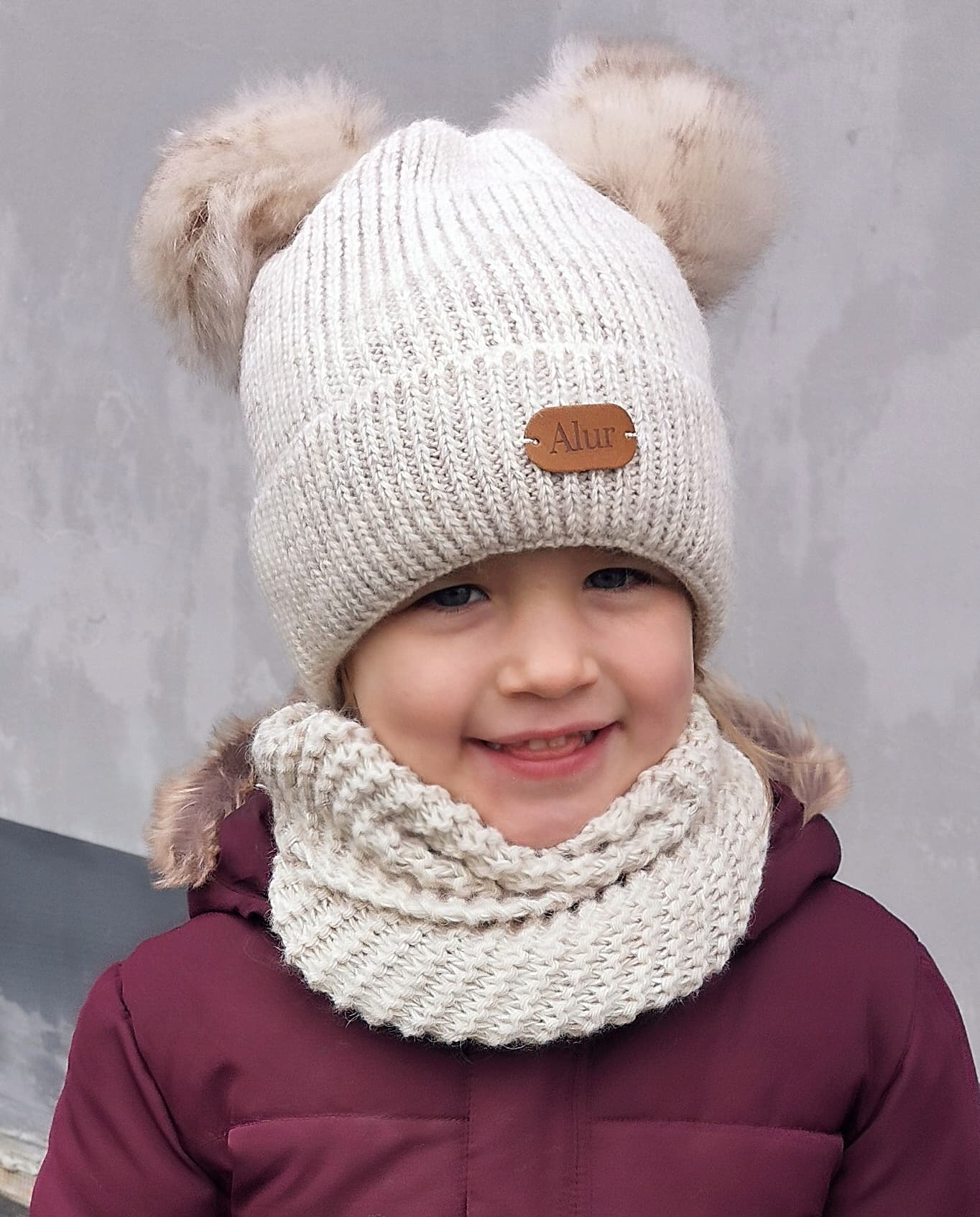 Ciepły komplet dziecięcy CZAPKA KOMIN Modna Prążek, Pompony POLAR
