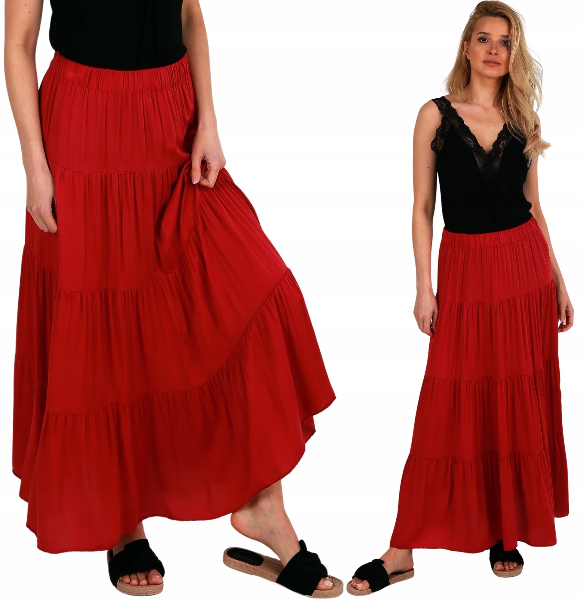Boho spódnica długa z falbanami BORDO