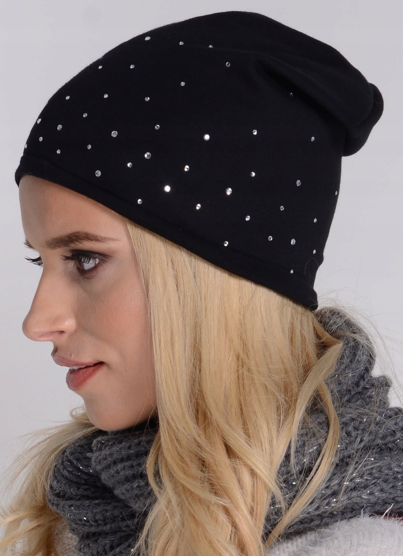 Klasyczna CZAPKA damska z bawełny przejściowa BEANIE Cyrkonie Czarna