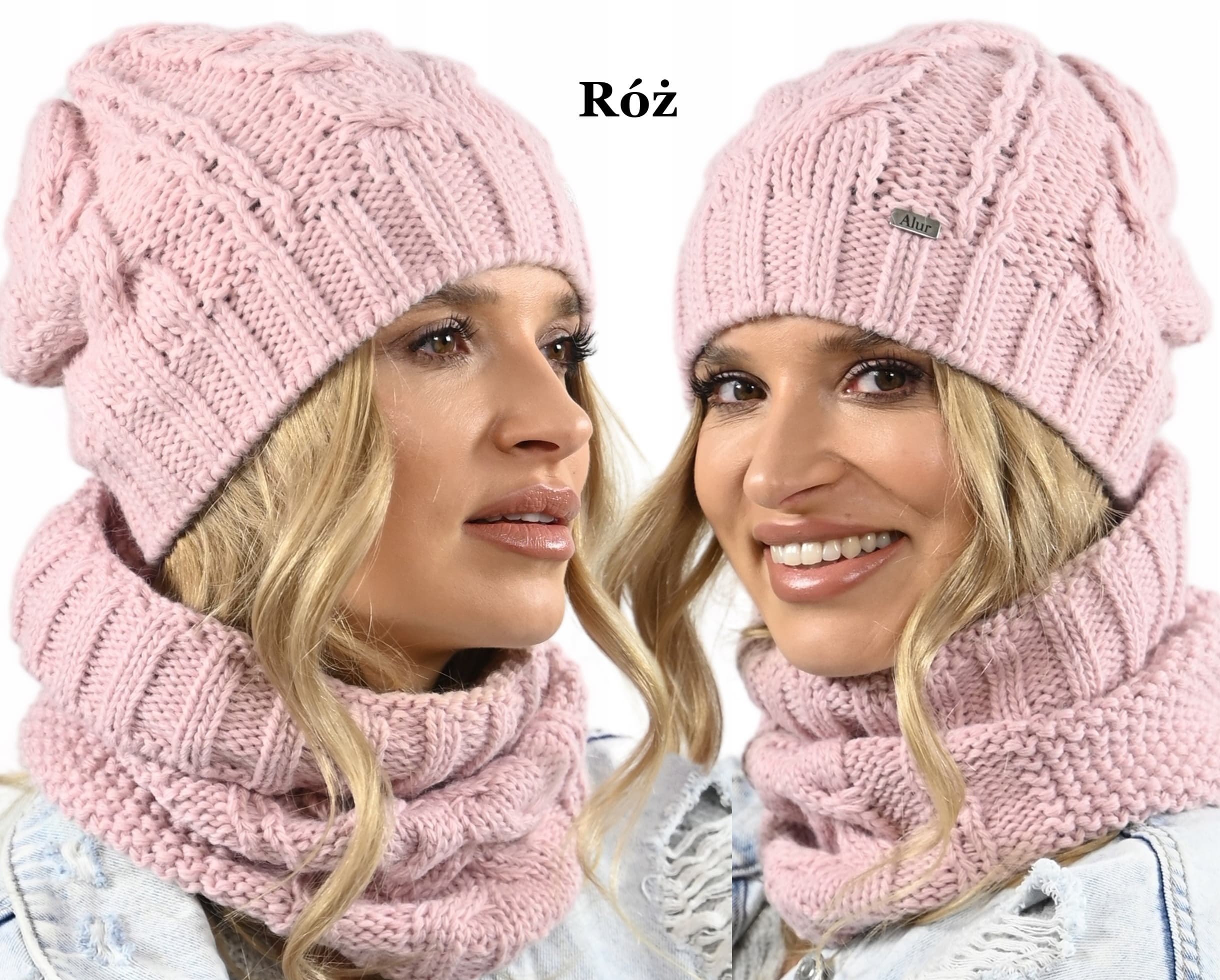 Komplet damski CZAPKA KOMIN RĘKAWICZKI - Modny zestaw zimowy Polski Róż
