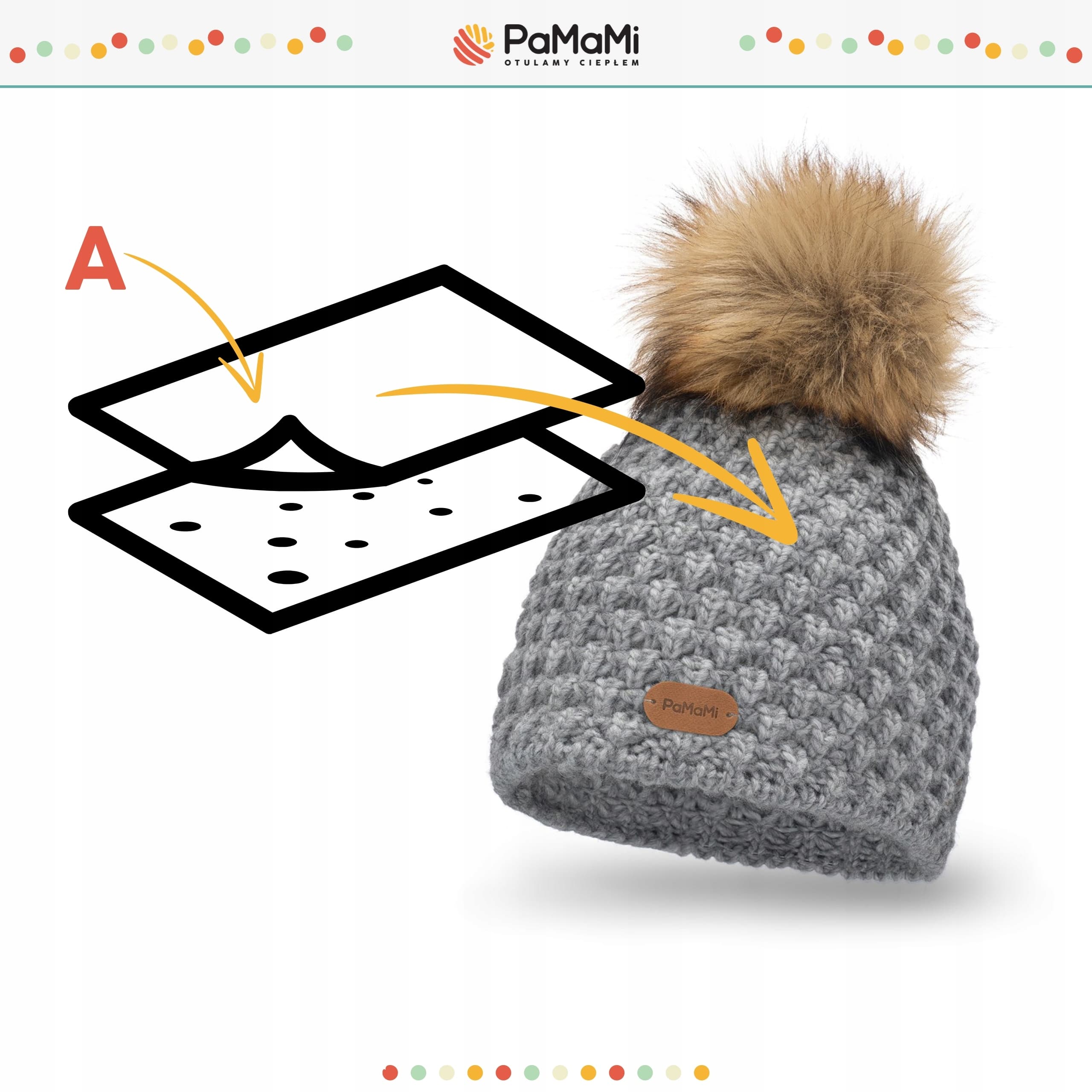 PaMaMi czapka zimowa damska beanie szara z Pomponem z dodatkiem wełny