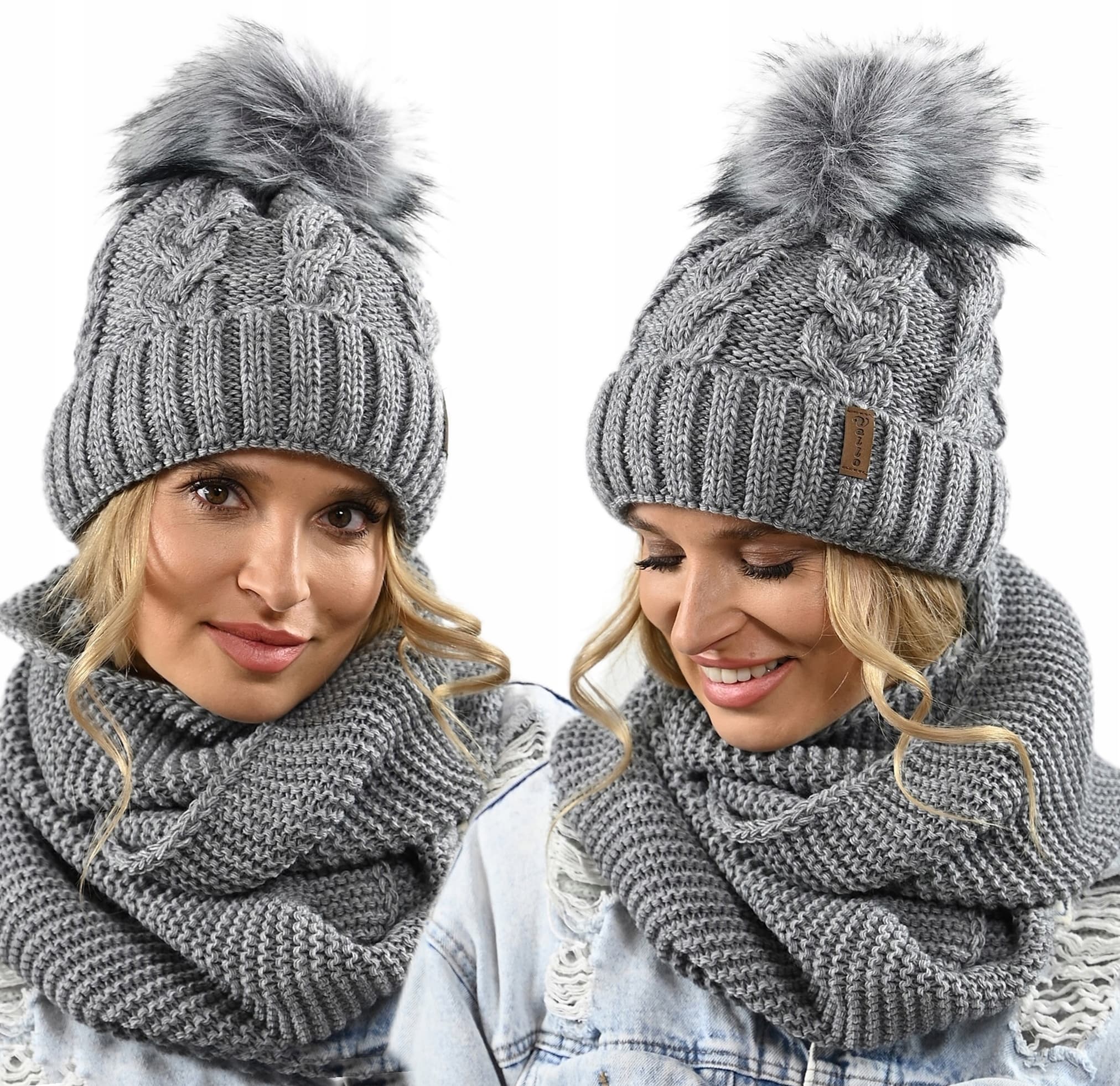 CZAPKA KOMIN ZESTAW DAMSKI komplet gruby zimowy czpka na polarze pompon K11