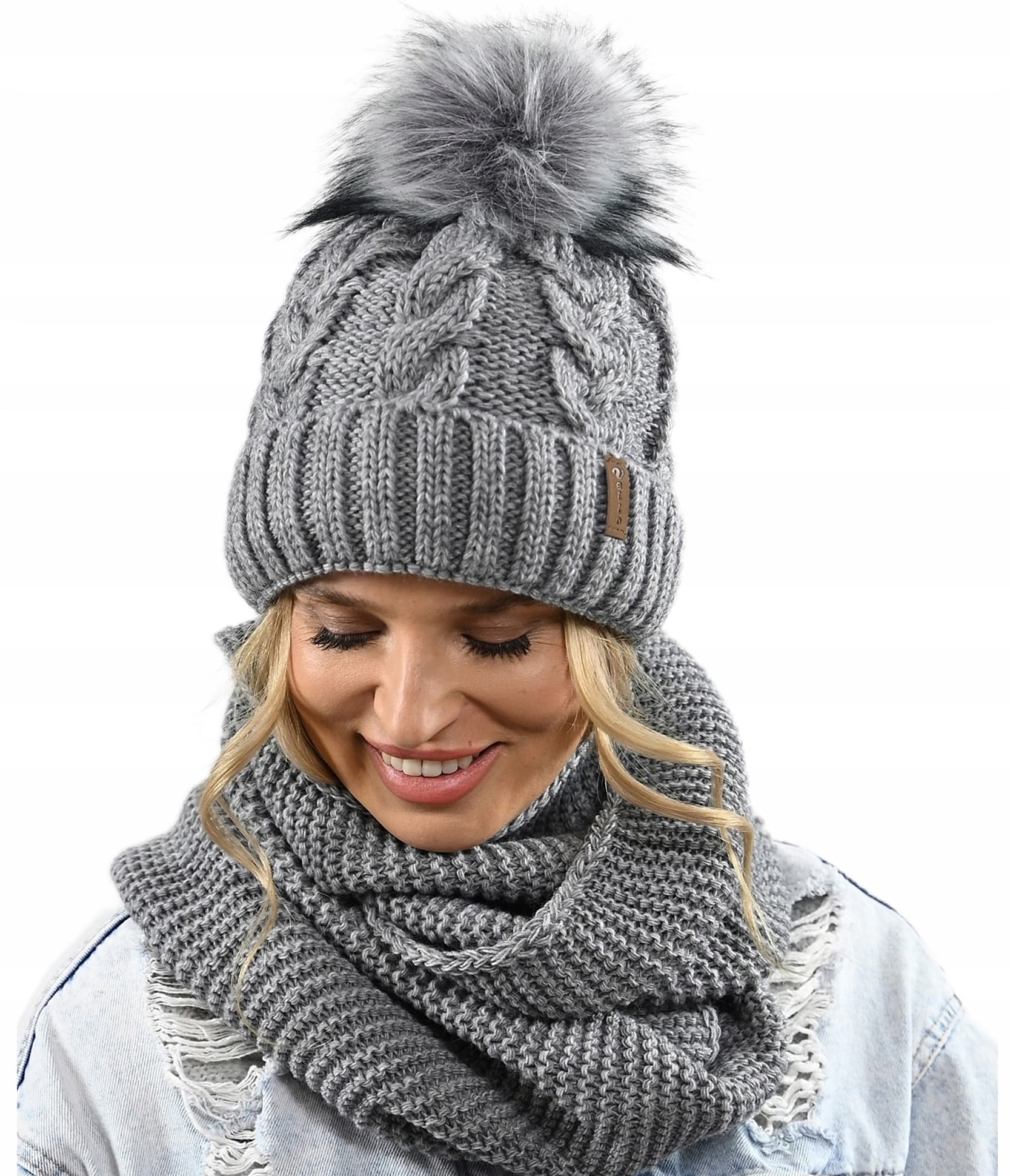 CZAPKA KOMIN ZESTAW DAMSKI komplet gruby zimowy czpka na polarze pompon K11