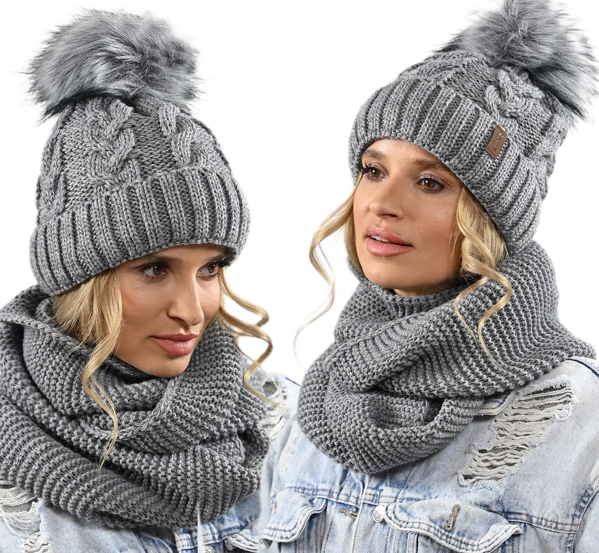 CZAPKA KOMIN ZESTAW DAMSKI komplet gruby zimowy czpka na polarze pompon K11