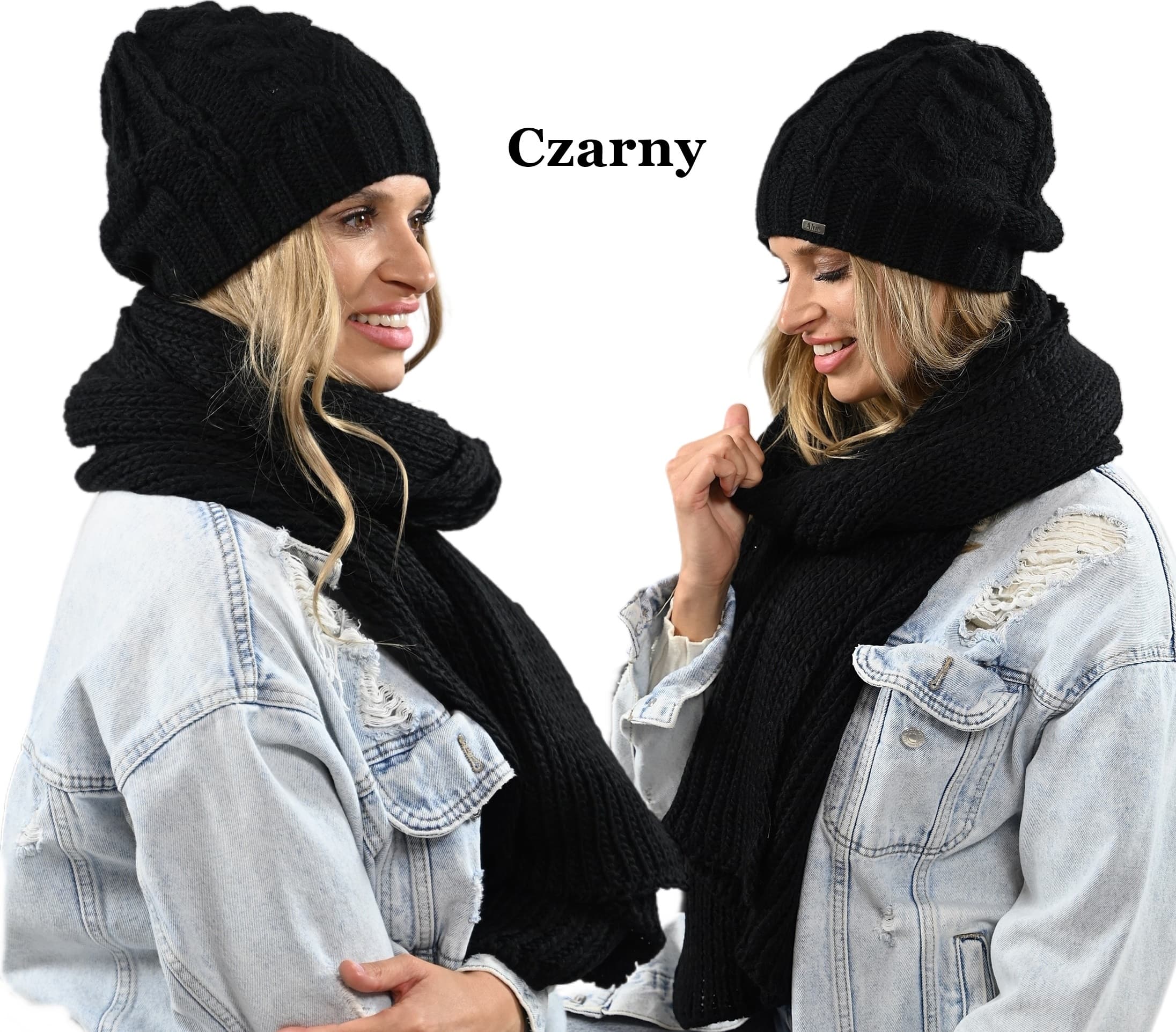 Damski KOMPLET czapka z szalikiem ciepły zestaw zimowy czapka szalik czarny