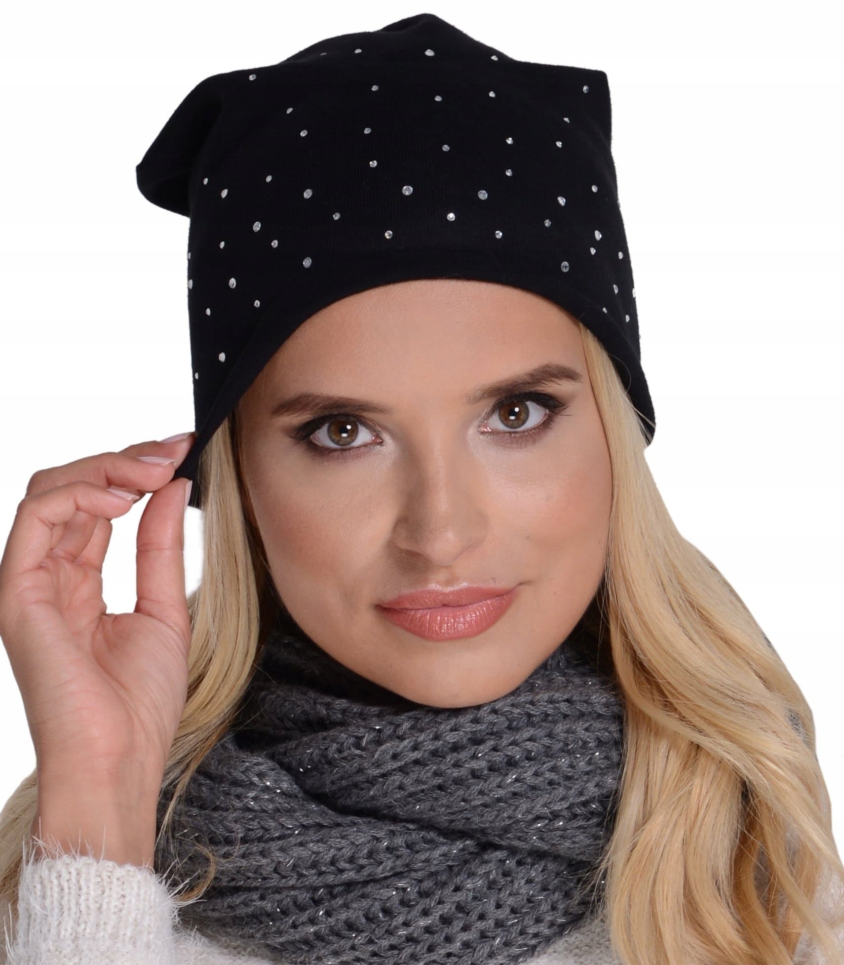 Klasyczna CZAPKA damska z bawełny przejściowa BEANIE Cyrkonie Czarna