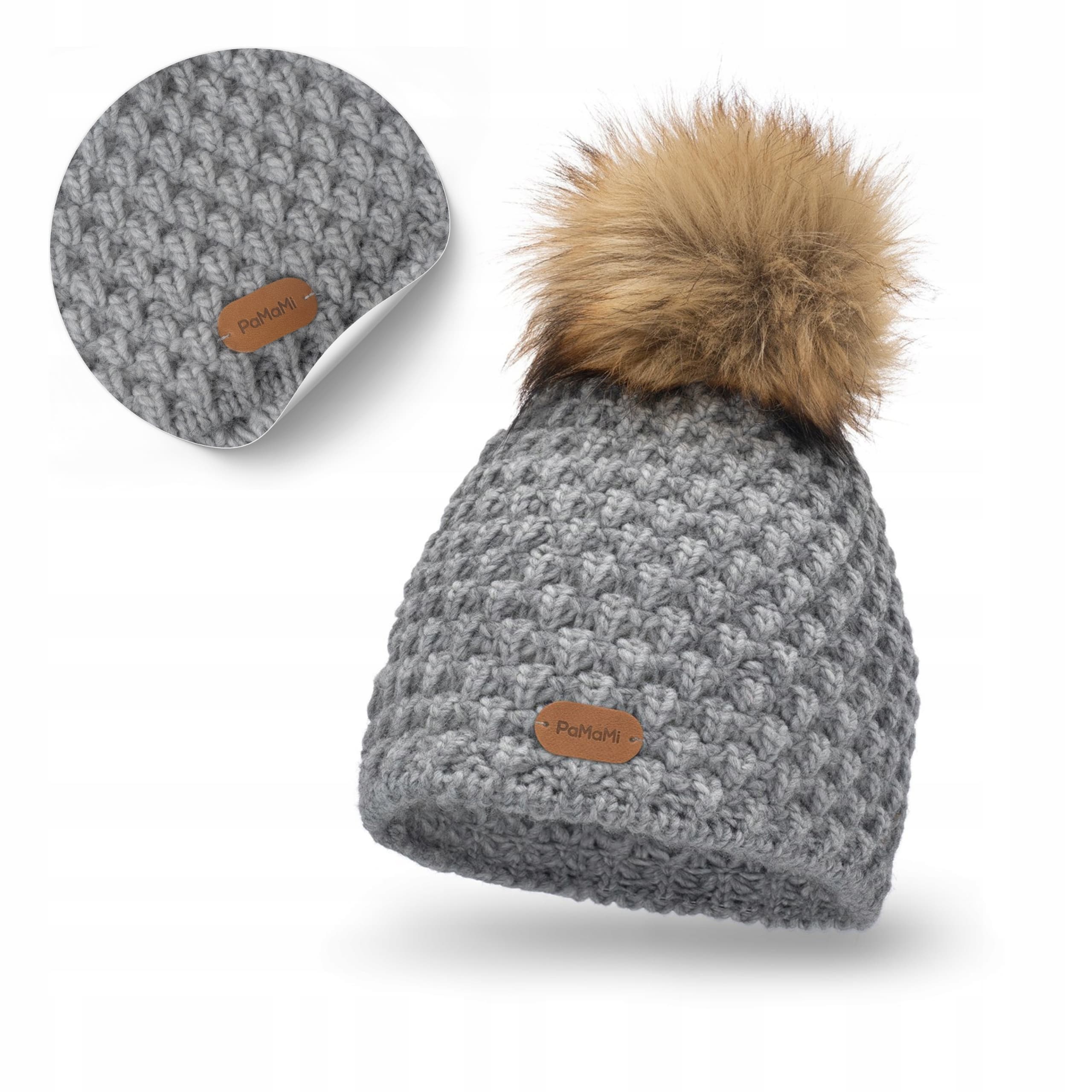 PaMaMi czapka zimowa damska beanie szara z Pomponem z dodatkiem wełny