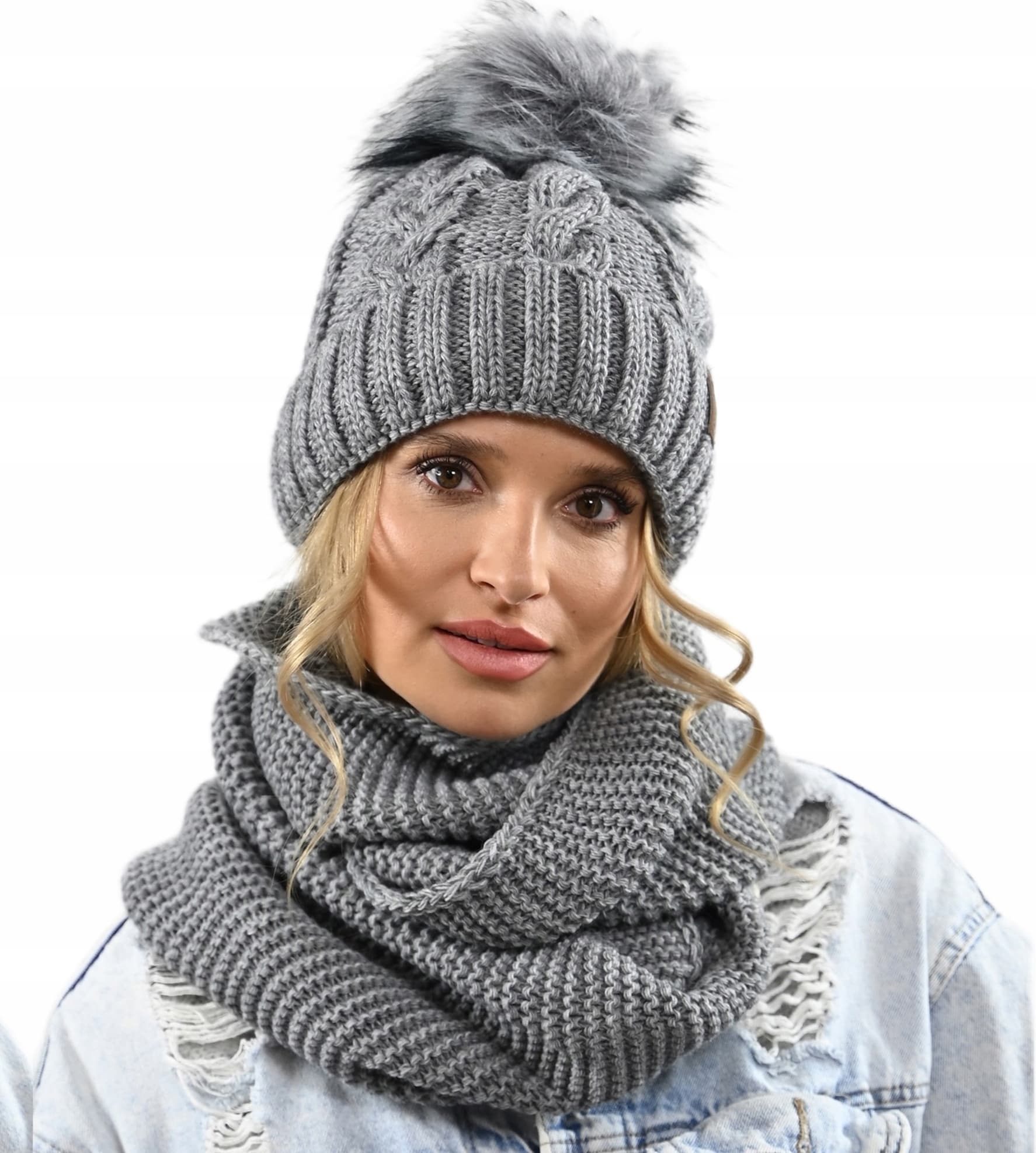 CZAPKA KOMIN ZESTAW DAMSKI komplet gruby zimowy czpka na polarze pompon K11