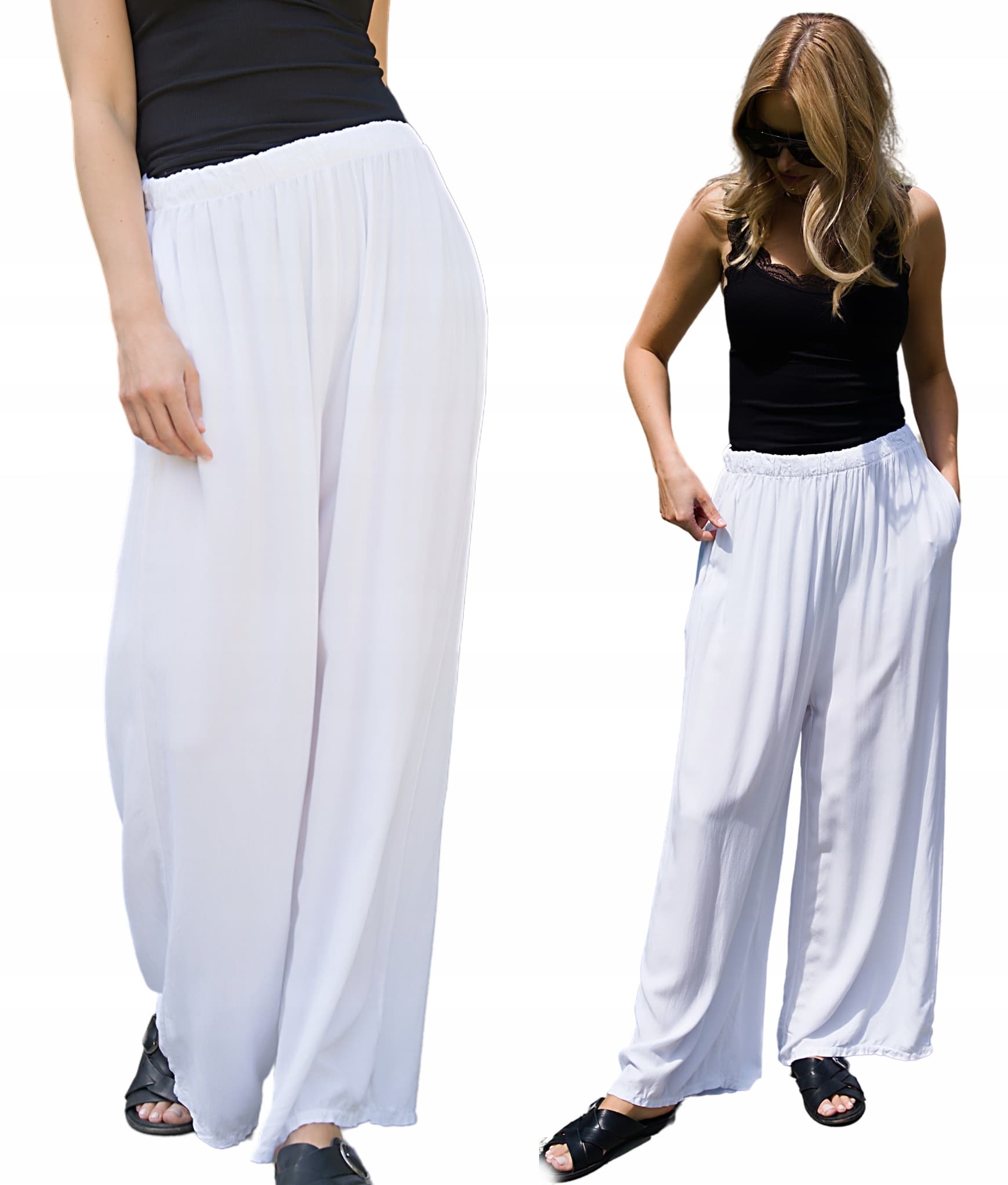 Spodnie damskie luźne szerokie z wiskozy WIDE LEG letnie z kieszaniami SML
