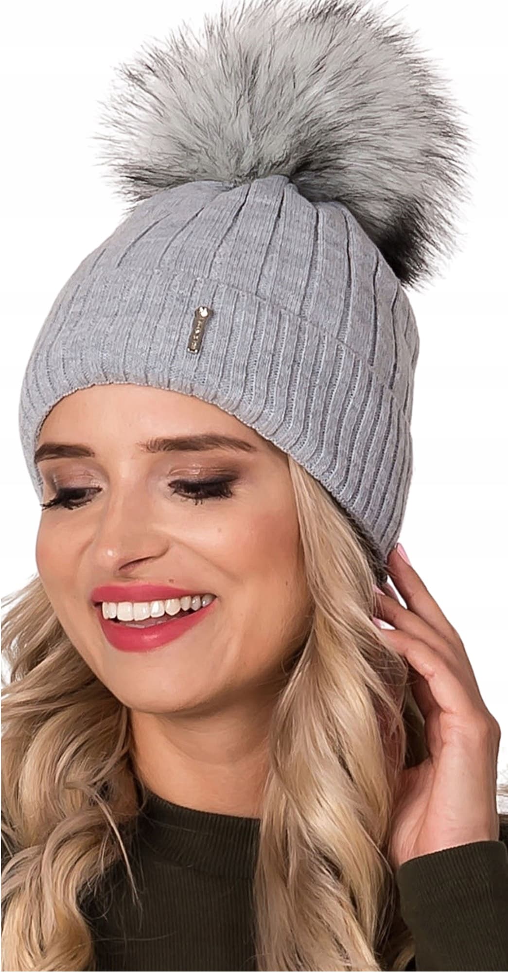 Szara Ciepła Czapka Damska Młodzieżowa Jesień Zima Elegancki POMPON J2