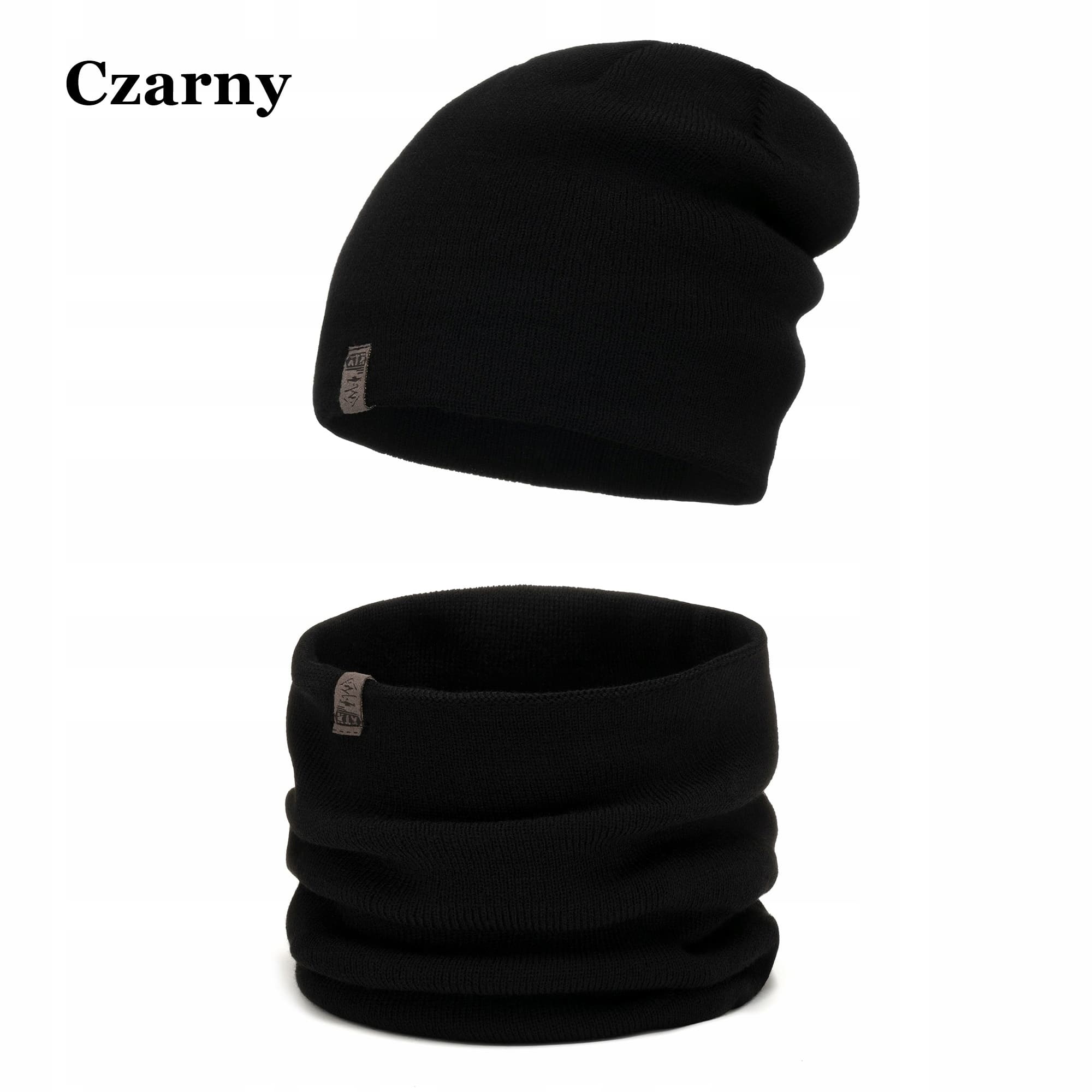 Czarny MODNY gładki komplet Czapka z kominem jesienno zimowy ZESTAW UNI M2