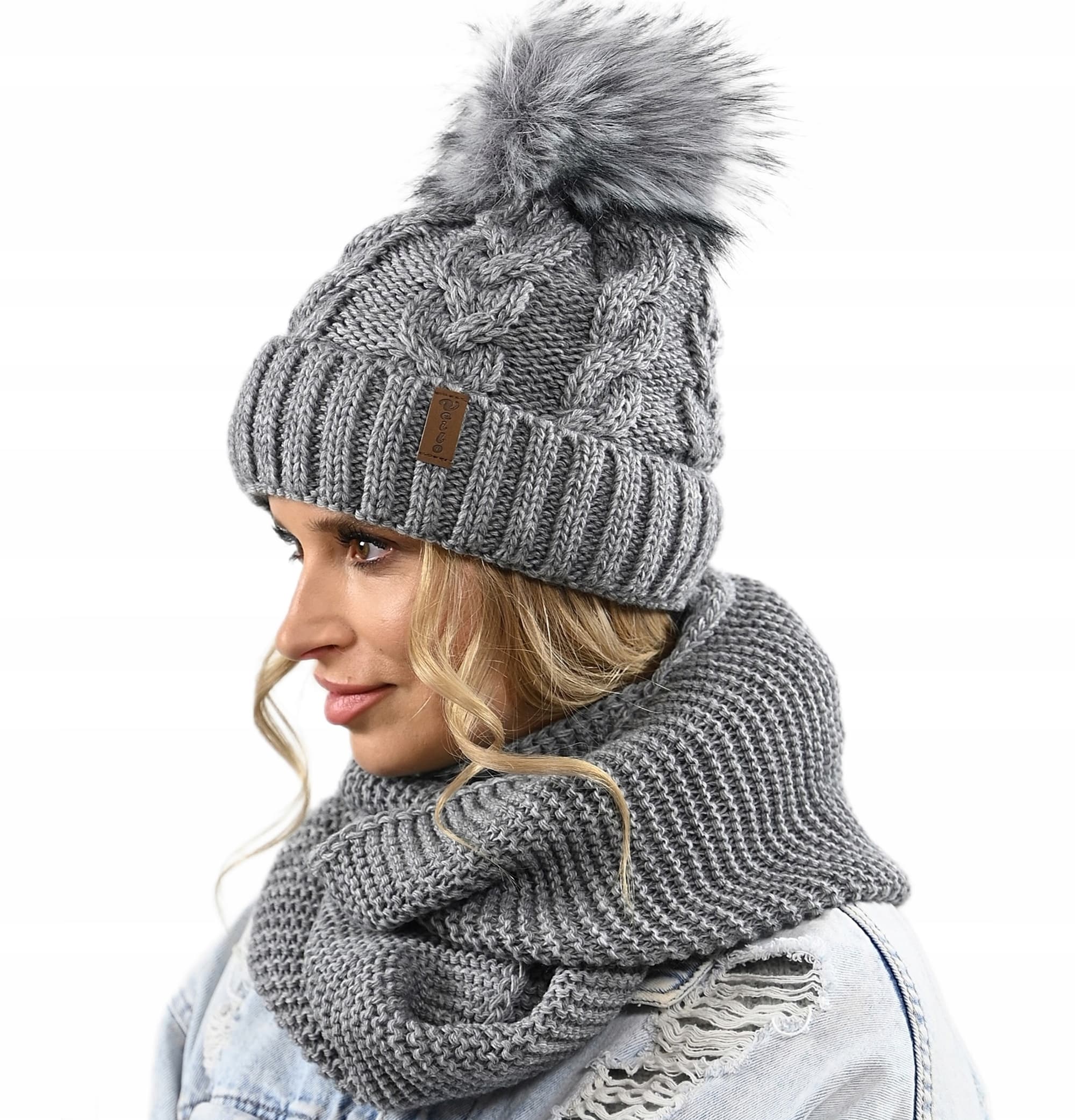 CZAPKA KOMIN ZESTAW DAMSKI komplet gruby zimowy czpka na polarze pompon K11