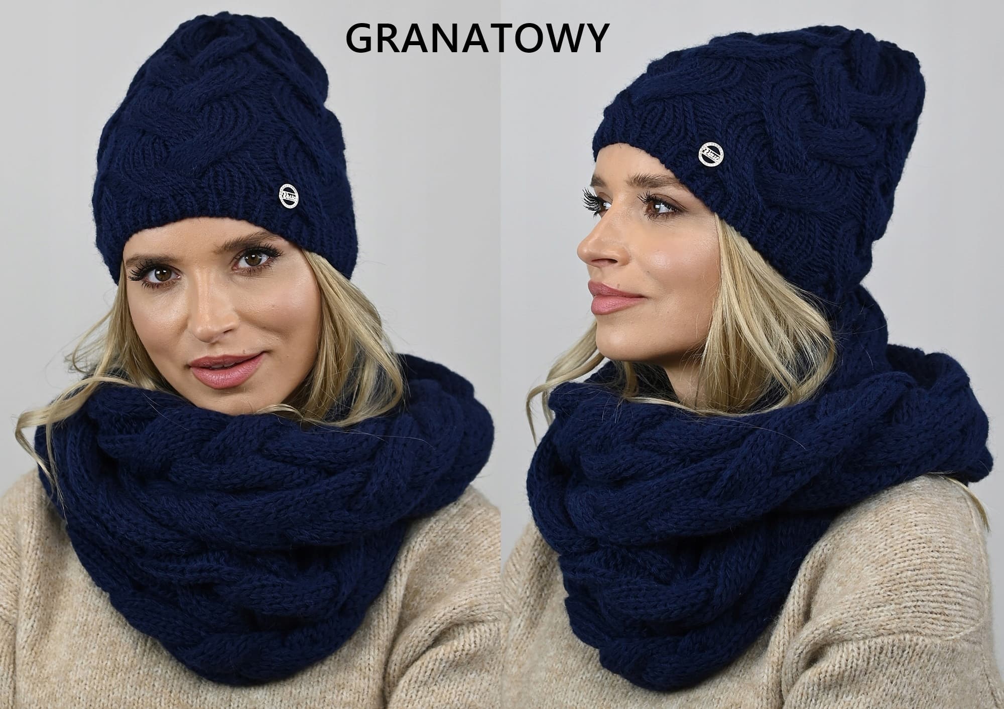 Gruby kobiecy Komplet CZAPKA KOMIN polski producent na zimę GRANATOWY K9
