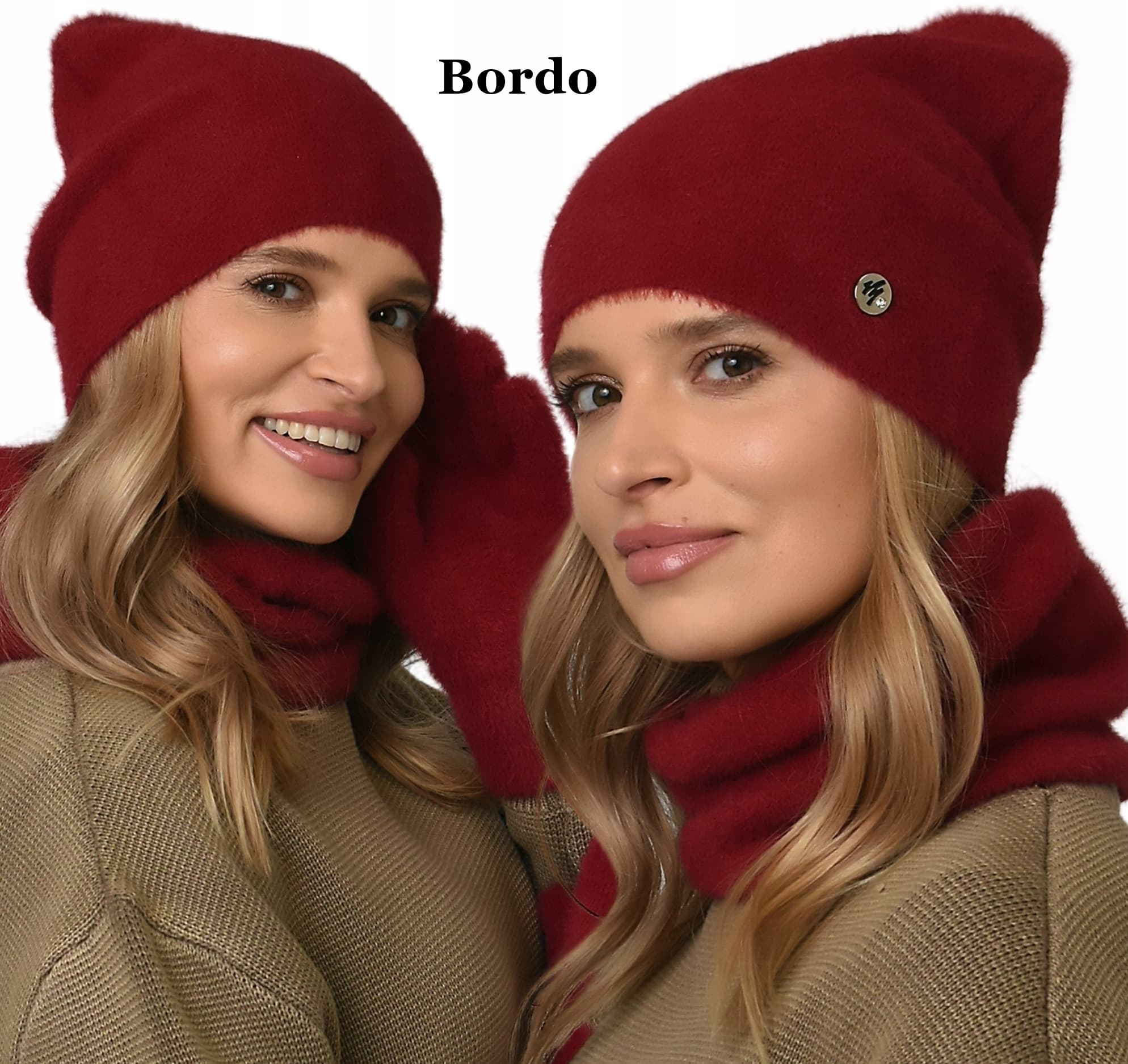 Komplet damski Czapka + KOMIN szalik ciepły Klasyczny zestaw zimowy BORDO