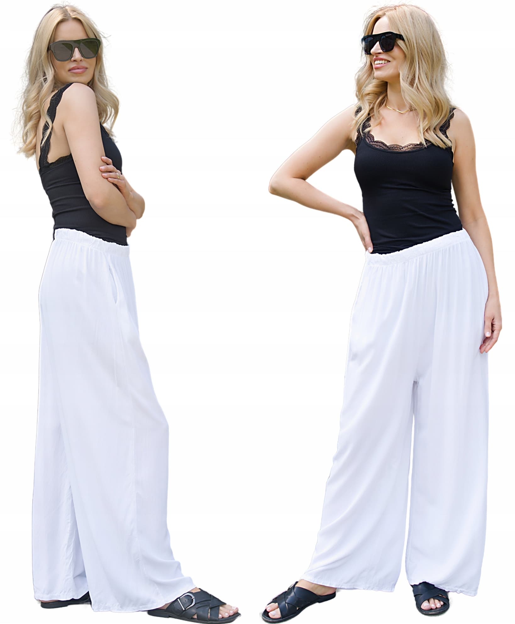 Spodnie damskie luźne szerokie z wiskozy WIDE LEG letnie z kieszaniami SML